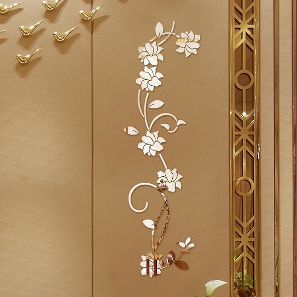 3D DIY Akryl Spegel Effekt Blomster Rankvägg Dekaler Mural Dekal Heminredning (Guld)