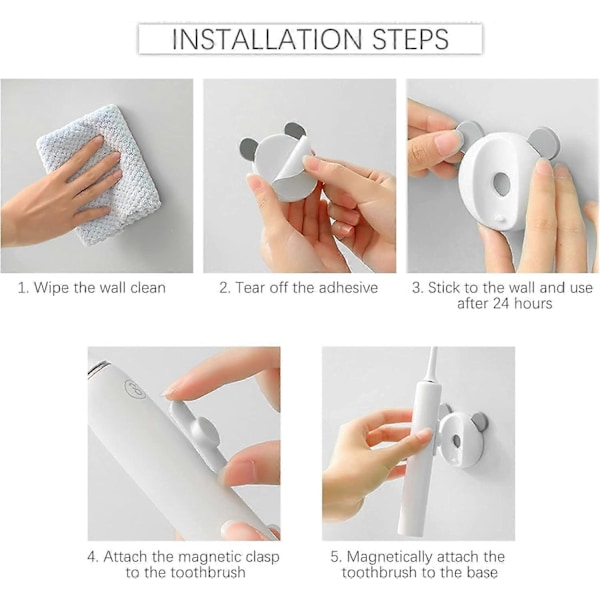 Elektrisk tandbørsteholder, opgraderet magnetisk tandbørsteholder til vægmontering, klæbende tandbørsteorganisatorer (hvid grå)