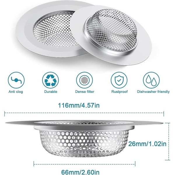 Kökssilsil, 2-pack rostfritt stål diskbänkssil, stor bred kant 4,5\" diameter, matuppsamlare för de flesta diskbänksavlopp kökssil