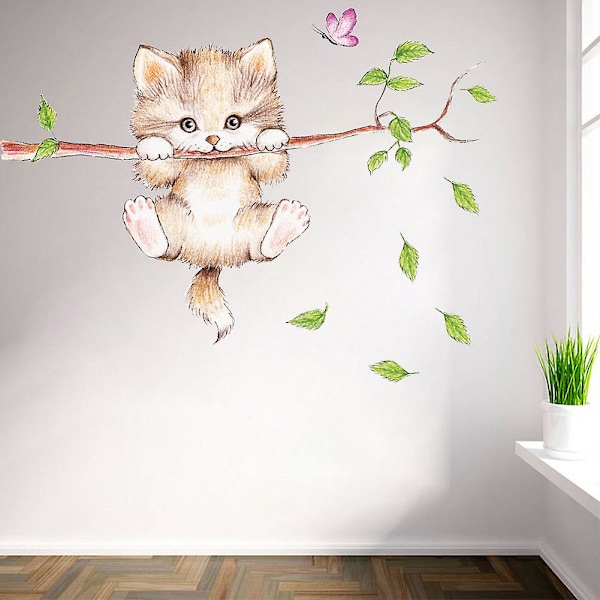SÖTA KATT barnens väggklistermärken (77x25 cm) I skogs djurklistermärken Trädblommor I väggklistermärke för barnrum baby pojke flicka