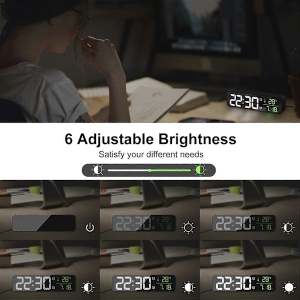 Digital väckarklocka, morgonväckarklocka, väggklocka LED digital spegel med datum och temperatur