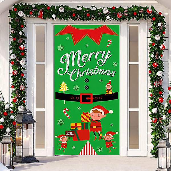 Jultomte Dörröverdrag God Jul Dörrdekorationer Vintertomte Bakgrundsbana Banner För Framsida Dörr Veranda Jul