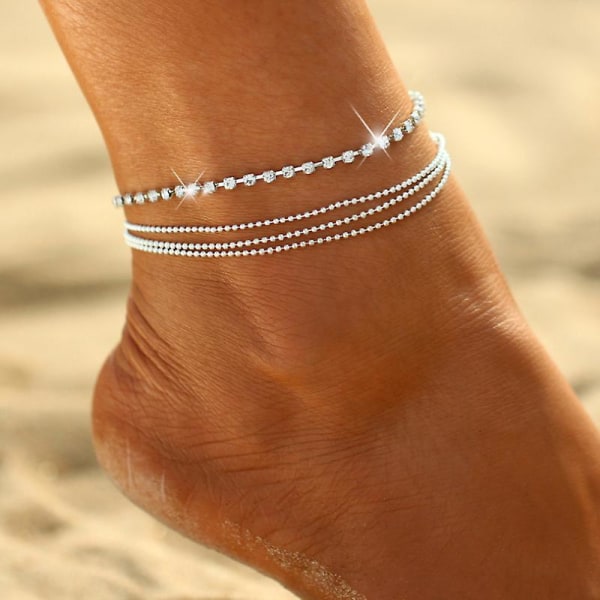 Boho Lagdelt Krystal Anklets Sølv Rhinestone Ankel Armbånd Kæde Strand Fod Smykker til Kvinder og Piger