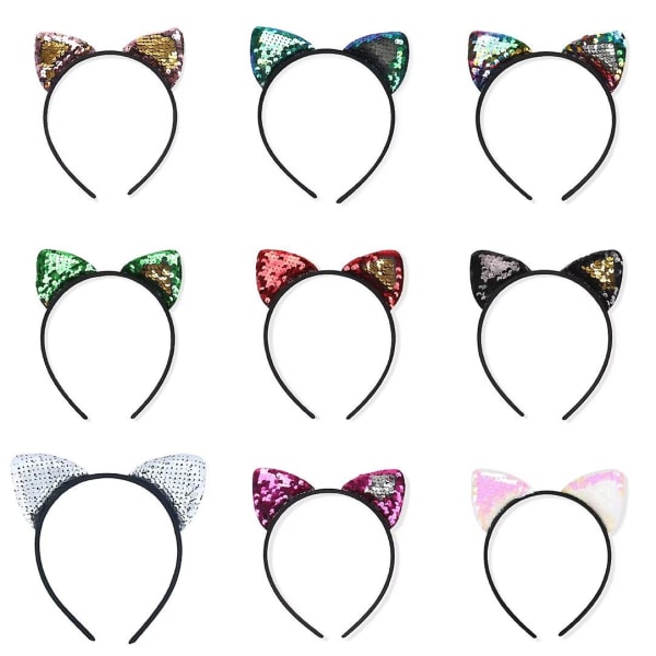 9 st Cat Ears Pannband Vändbara Paljetter Pannband Håraccessoarer för tjejer och kvinnor