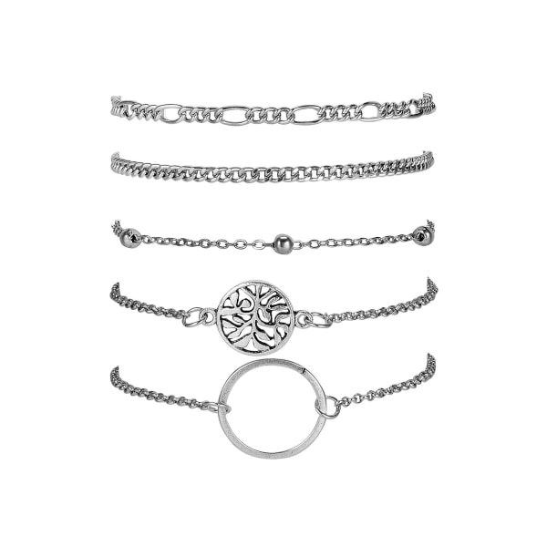 Set med 5 silverarmband med pärlor och kedjor för kvinnor Boho Style pärlor med cirklar och Livets träd Silverkedjor för kvinnor och flickor