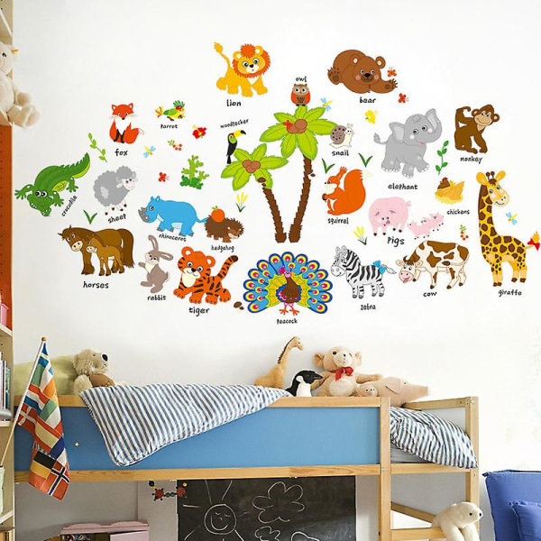 Et sæt Animal Wall Stickers med deres fornavn på engelsk Wall Stickers Vægdekoration til stue Soveværelse køkken kontor
