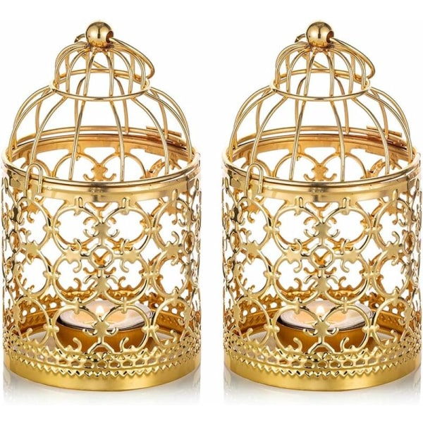 2 små värmeljus i metall hängande fågelburslykta Vintage bröllopsfest dekorativa mittpunkter (guld)