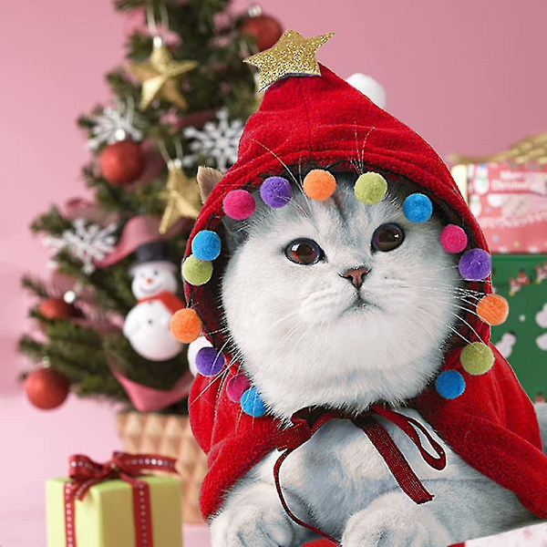 Jultomtekostym för katt med tomteluva och halsduk - Kitty Juloutfit Kläder Husdjur Jultomte Set för Kattunge, Valp