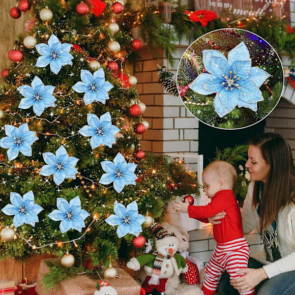 10 st konstgjorda julblommor, julglitter-julstjärneblommor prydnad, konstgjorda kransblommor till jul, blå