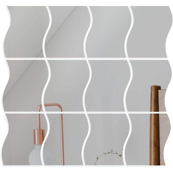 12 stk speil veggklistremerke sølv selvklebende veggspeil bølgeform DIY-dekal Styling speil for dekorasjon kontor hjemme soverom - 12 * 10 cm