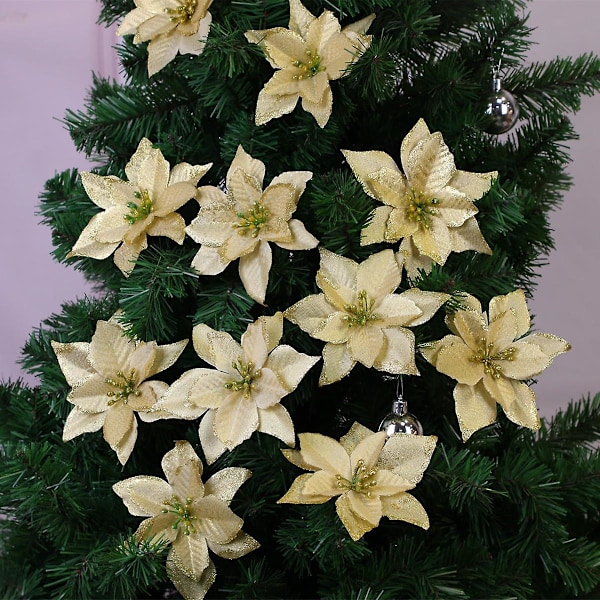 Julklappsprydnader Rea 12-pack Guld Julglitter Julstjärna Konstgjorda Blommor Julgranspynt