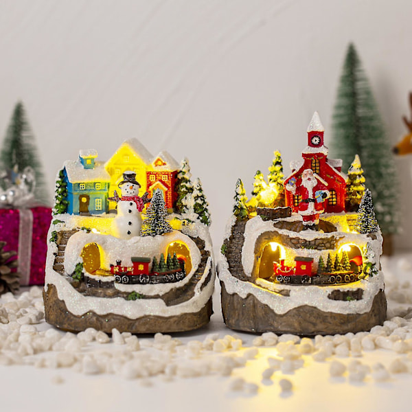 Nyt varmt oplyst julelandsbyhus med musik og roterende tog til julepynt