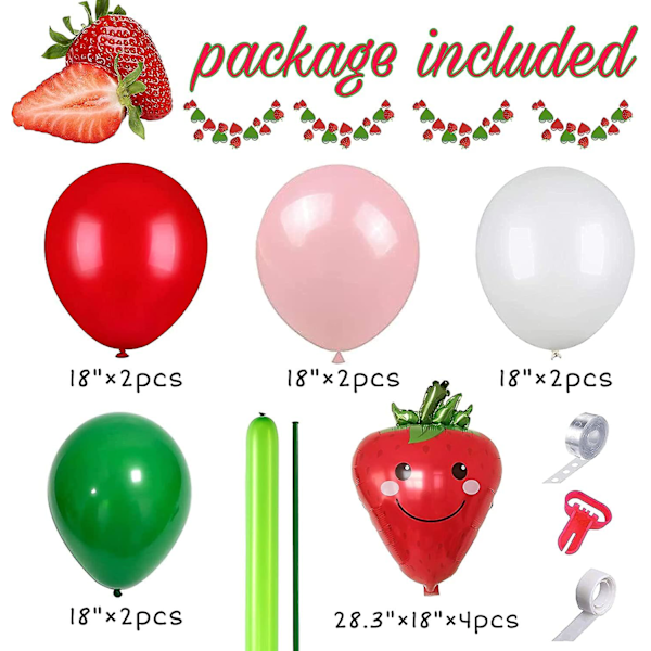 Qicig Jordgubbsfest Dekorationsballong Girland Set, Flickans Födelsedagsfest Tillbehör, Jordgubbsröd Aluminiumfolie Ballong Latex Ballong, Används För Bröllop