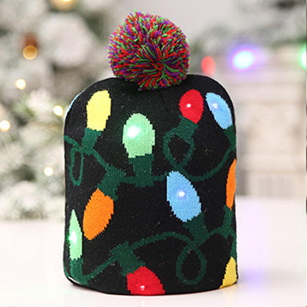 LED-upplyst stickad bomullsjulklapp för barn med plyschboll, färgglad julhatt och halsduk, julklappstillbehör (2)