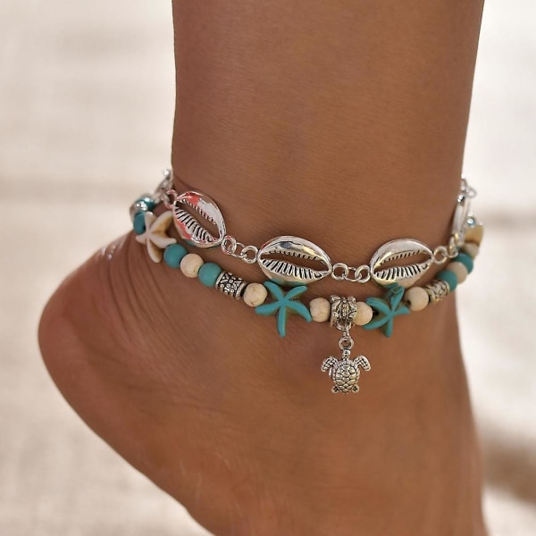Boho Layered Anklets turkos Silver Turtle Shell hänge