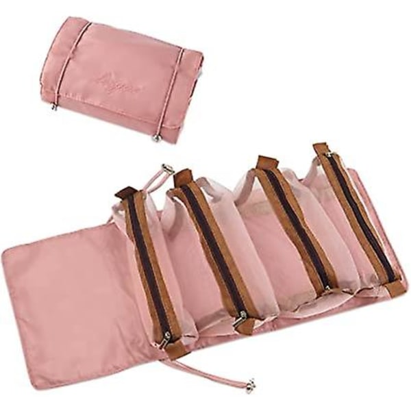 Avtagbar kosmetikaväska, 4 i 1 bärbar sminkväska i mesh , hängande och rullande toalettväska för resor, vattenavvisande sminkväska (rosa)