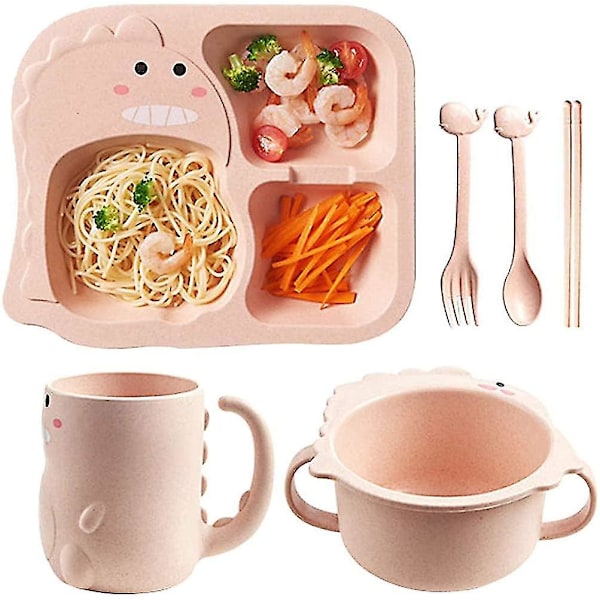 Dinner Plate Set for Kids, 6-piece Dishes and Plates with Cartoon Little Dinosaur Design (Pink).