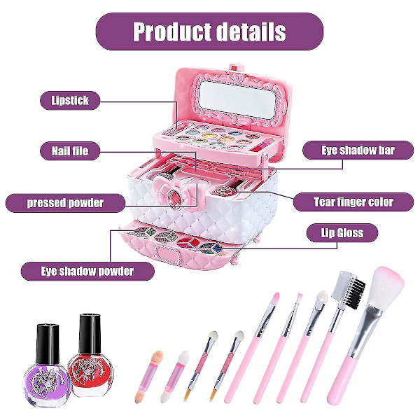 Barnmakeupset för flickor, tvättbart barnmakeupset flickleksaker, flickmakeup barnleksaker julklappar födelsedagspresenter för 4 5 6 7 8 9 10 år gamla