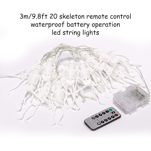 Halloween-skjelett-skalle-lyslenke - 9,8 fot/3 m 20 LED-er Skjelett 8 Moduser Vanntette Batteridrevne Lyslenker Med Fjernkontroll For Dekorasjon