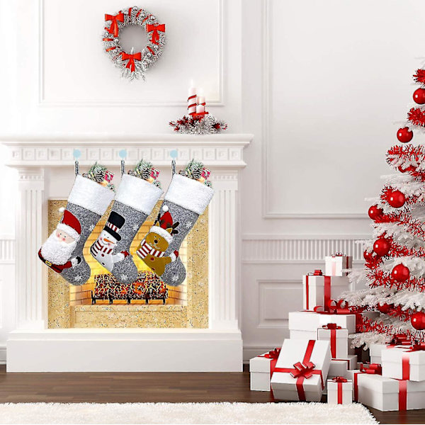 Julstrumpor för Dekoration, 3-pack, 45 cm Bred Julstrumpa, Tomte Snögubbe Rensa Julroll, Familj H