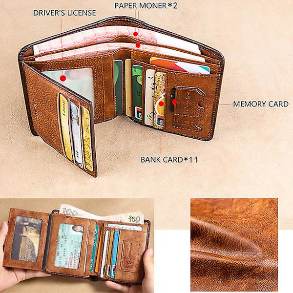 Retro kohud herr RFID plånbok kort plånbok multi Card Wallet herrmode högkvalitativ julklapp till män, brun