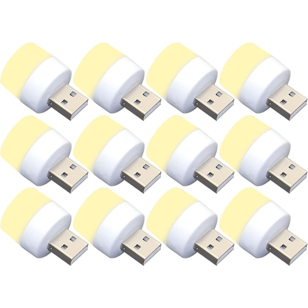 12 Mini USB LED nattlyspærer, sensorløs, varmhvit, kompakt, ideell for soverom, bad, kjøkken, bil