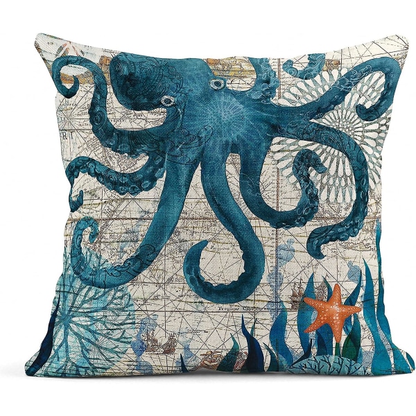 Sæt med 4 pudebetræk Blåt hav-tema Nautisk kystblæksprutte Hippocampus Skildpaddehval Middelhavsstil dekorative pudebetræk Indretning af hjemmet