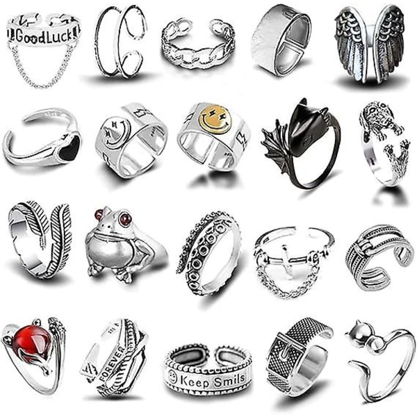 20 stk åpne ringer frosk blad kjede justerbar ring for kvinner menn jenter punk vintage gotisk stablebar ring smykkesett