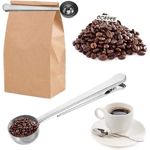 Kaffe mät sked försegling klämma, rostfritt stål malet kaffe kaffesked sked med påse försegling klämma 2 i 1