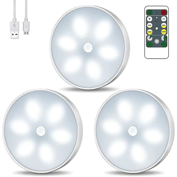 LED nattlampa garderobslampa, USB-laddningsbar 3-pack trådlösa nattlampor med touchkontroll och fjärrkontroll dimbar ljusstyrka drivna skåp L