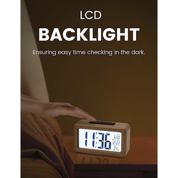 Digital väckarklocka, träbordsur med stor LCD-bakgrundsbelyst display, temperatur, drivs av 3 AAA-batterier [batterier ingår ej]