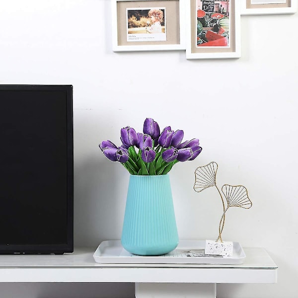 20 st konstgjorda tulpanblommor, falska tulpaner med verklighetstro känsla, blomsterbukett för bröllopsarrangemang, heminredning (lila)