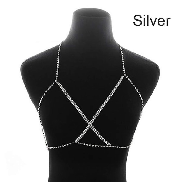 Boho Crystal Body Chain Silver Rhinestone Sele BH Smykker Beach Bikini Body smykker for kvinner og jenter
