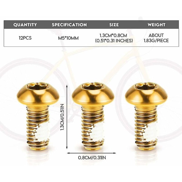 12 stk rustfrie fjellsykkel bremseskivebolter bolter M5 10mm bremseskivebolter faste bolter (gull),