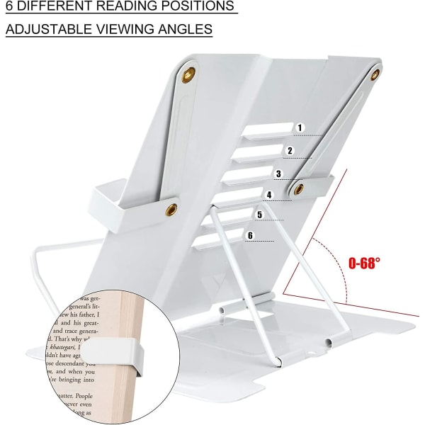 Bokhylla i metall Fällbar och justerbar läshylla 6-positions bokhylla för recepttidningsplatta och Ipad läsvit