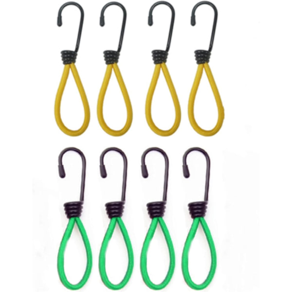 Bungee-snören med krokar, Bungee-snöre, Mini Bungee-snöre, 8 stycken, Gul och grön, Lämplig för lastning, camping, presenningar, etc.