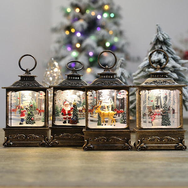 Julgran Lykta Ornament med Retro Ram Träd Snögubbe Älg Staty Nattlampa Skrivbordsdekoration (Julgran)