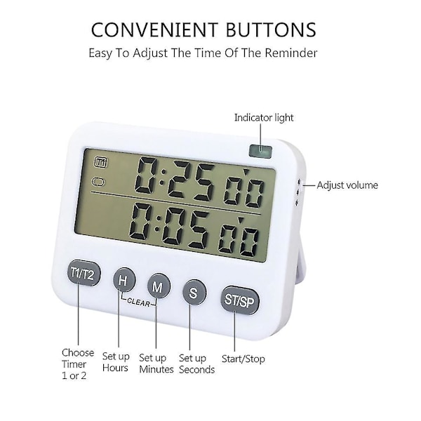 Dobbel Digital Timer med 3-nivå Justerbar Alarmvolum På/Av-bryter