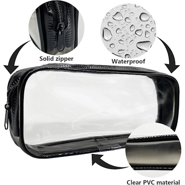 12 st transparenta pennfodral i PVC, transparenta sminkväskor med dragkedja för skolmaterial, kontor, resor (svart, vit)