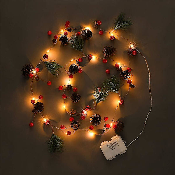Julgransgirlang med Ljus, Röda Bär Tallkottar 2m 20 LED Girlang Ljus Batteridriven, LED Girlang Strängljus, Juldekorationer Inomhus