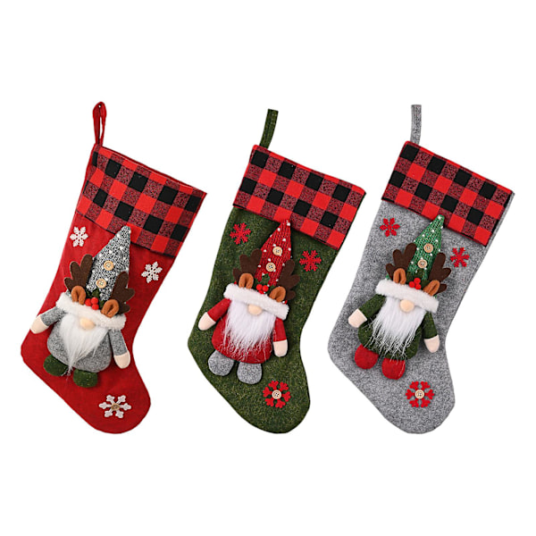 Julstrumpor Jultomte Strumpor Set om 3 för Barn Vuxna Extra Stora Julstrumpor Dekorationer Plysch Tomte Ornament Röd Rutiga Julstrumpor