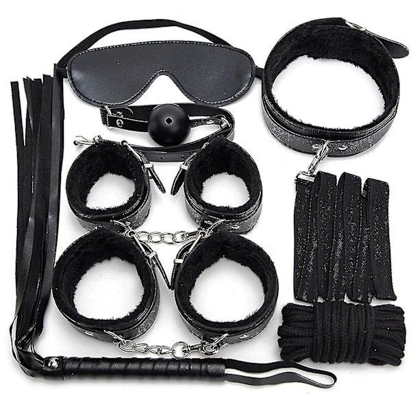 7pcs/set Leather Bodaged Kit Adlt Explay Hndcffs/whps/ball Gg/rope/collr Bdm