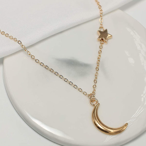 Fint mån- och stjärnhänge halsbandskedja mode charm boho halsband smycken för kvinnor och flickor (guld)