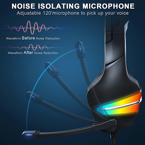 J6 Gaming Headset med Mikrofon och Brusreducerande Hörlurar med LED-ljus för Telefon, Laptop, Dator, Blå