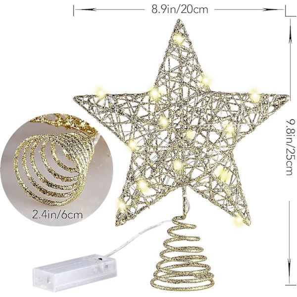 10 Tums Julgrans Topp Med 20 LED-Ljus, Guldglittrande Metall Julgransdekorationer