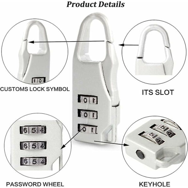 1 st Mini Kombinationshänglås, Återställbart Litet Kodhänglås, 3-siffrigt Kodhänglås Resväska Hänglås, för Bagage, Ryggsäck, silver