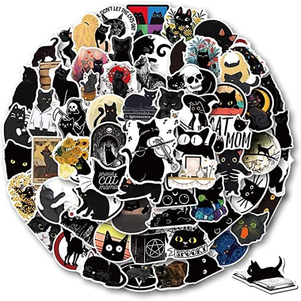 100 st svarta kattklistermärken, söta tecknade svarta katter vattentäta klistermärken, vinylklistermärken för vattenflaskor, bärbara datorer, mobiltelefoner, skateboardklistermärken för tonåringar