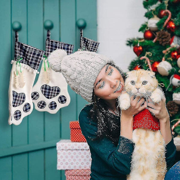 Pet Cat Heilwiy Jule-Strømpe. Blå Ternet Pet Paw Heilwiy Jule-Strømper Til Heilwiy Julepejs Træ