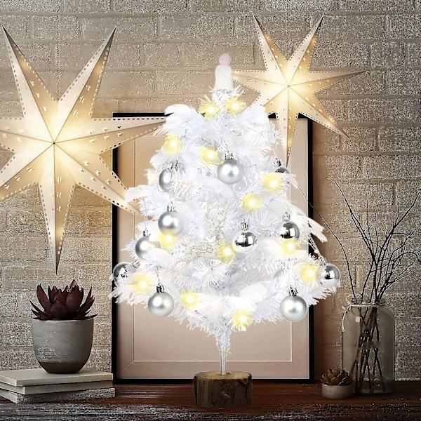 Liten bordsjulgran med LED-lampor, vit fjäder bordsjulgran med glittrande älg, bolldekorationer (45 cm + ljus) -a