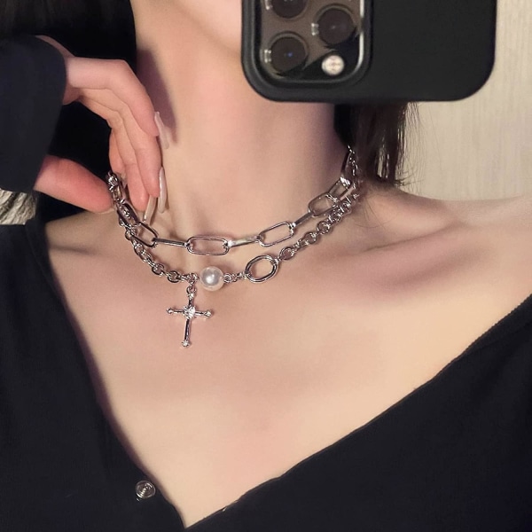 Punk Lagdelt Kors Halskjede Kjede Sølv Kors Tiny Pearl Anheng Choker for Kvinner Jenter